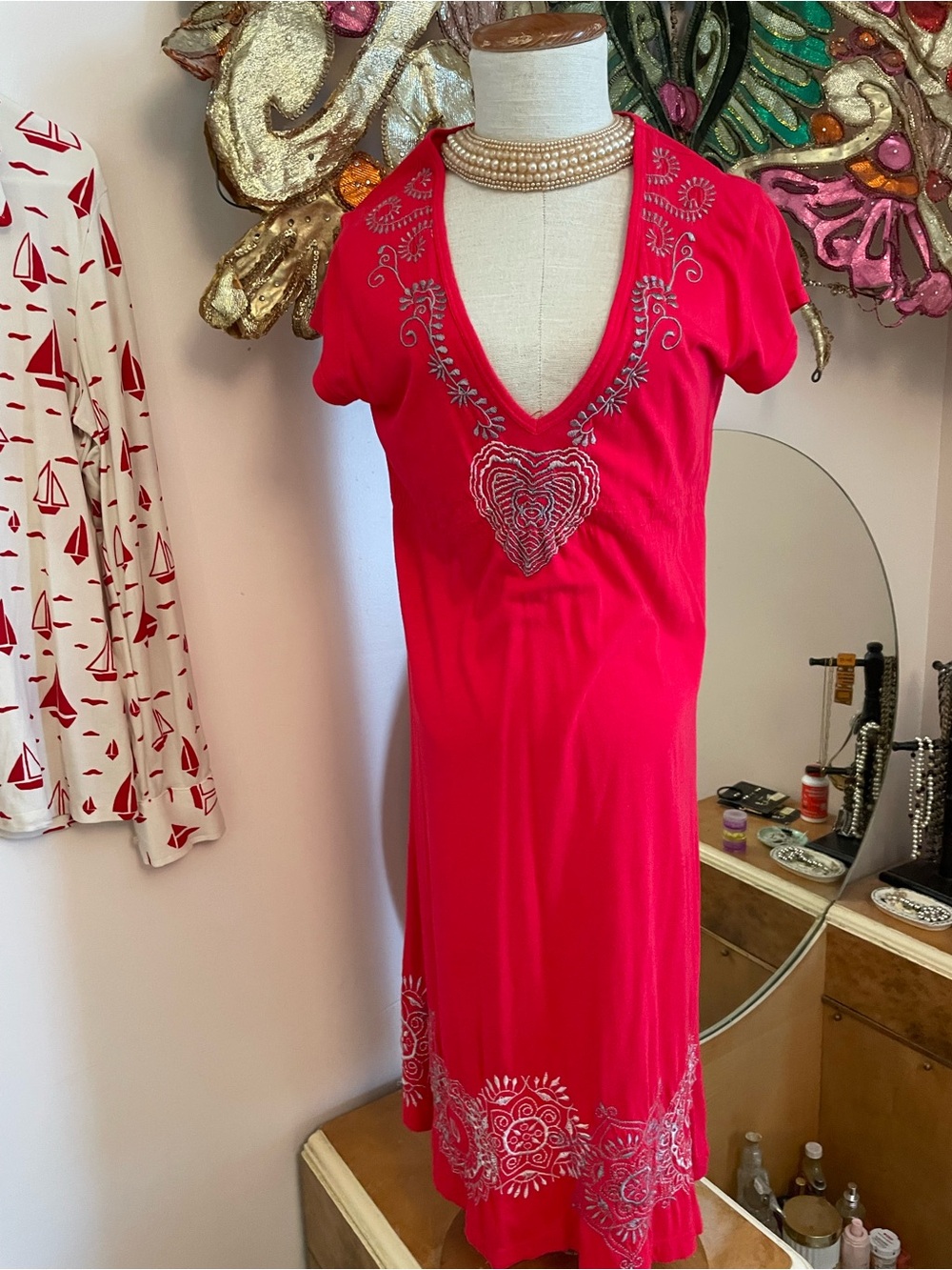 Johnny Was Hot Pink Embroidered Midi Dress